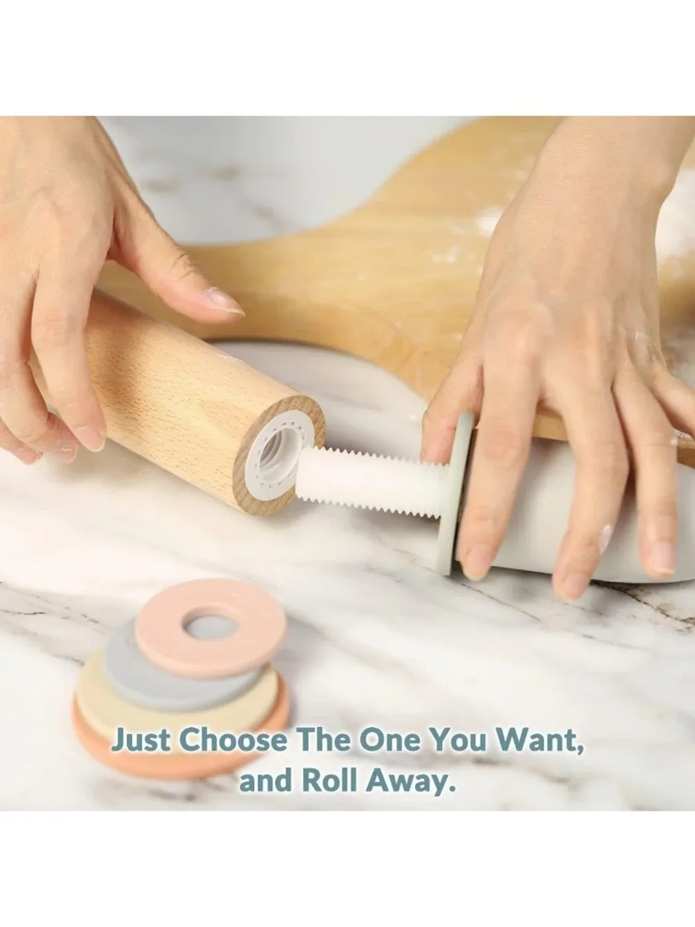 Adjustable Rolling Pin with 5 Thickness Rings & Measurement Guide for Baking